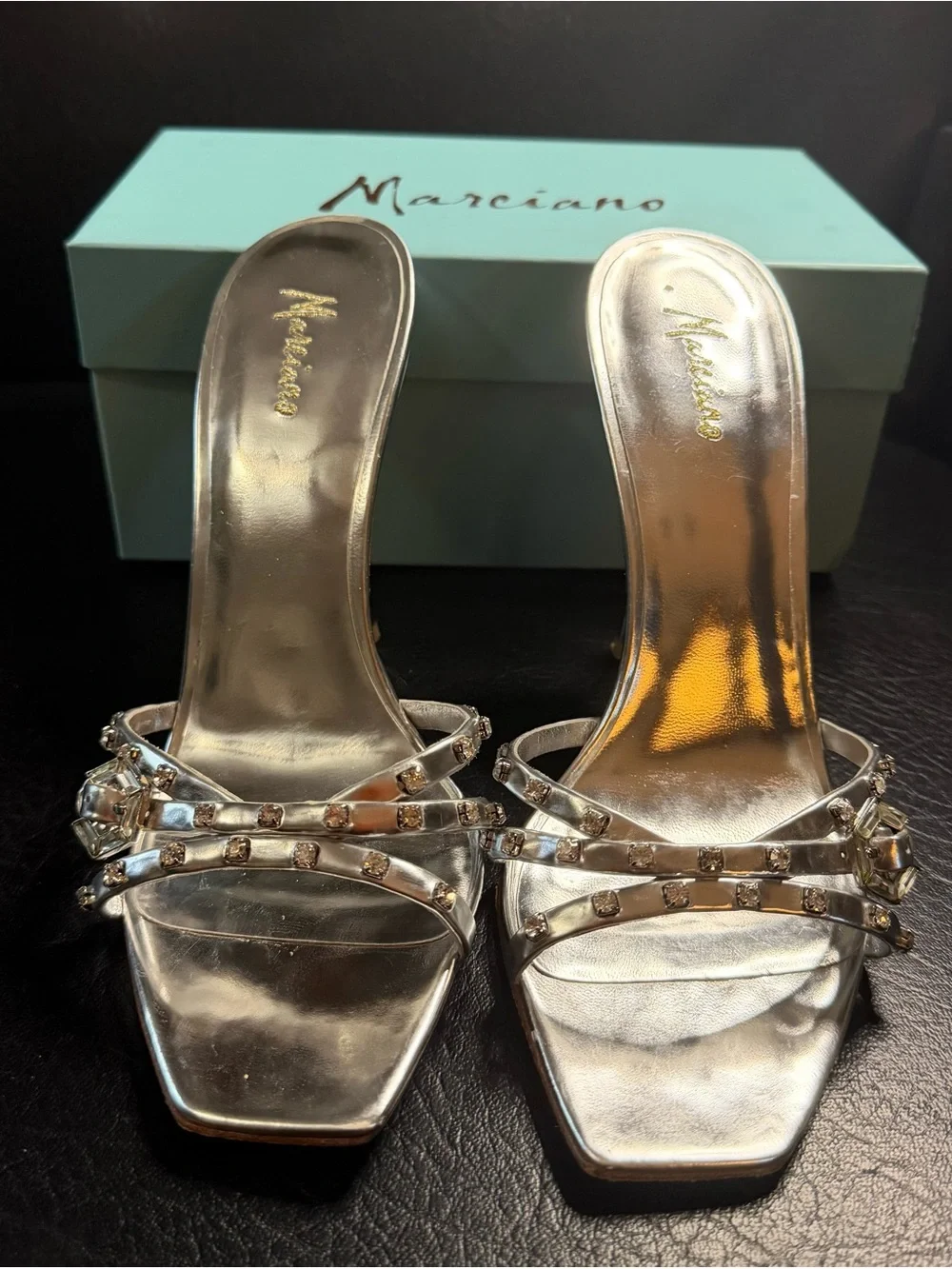 Marciano Silver Crystal-Embellished Slide Heels